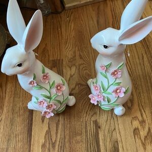 Charming White Bunny Figurines with Pink Floral Accents
